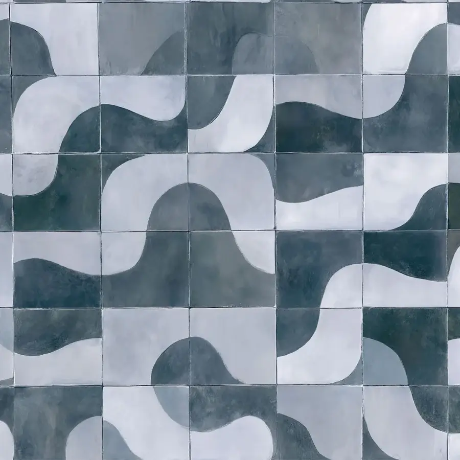 Elegant Wall&Decò Cinnamon Shadows Outdoor wallpaper with a geometric grid in dark teal and white fiberglass fabric with a protective finish