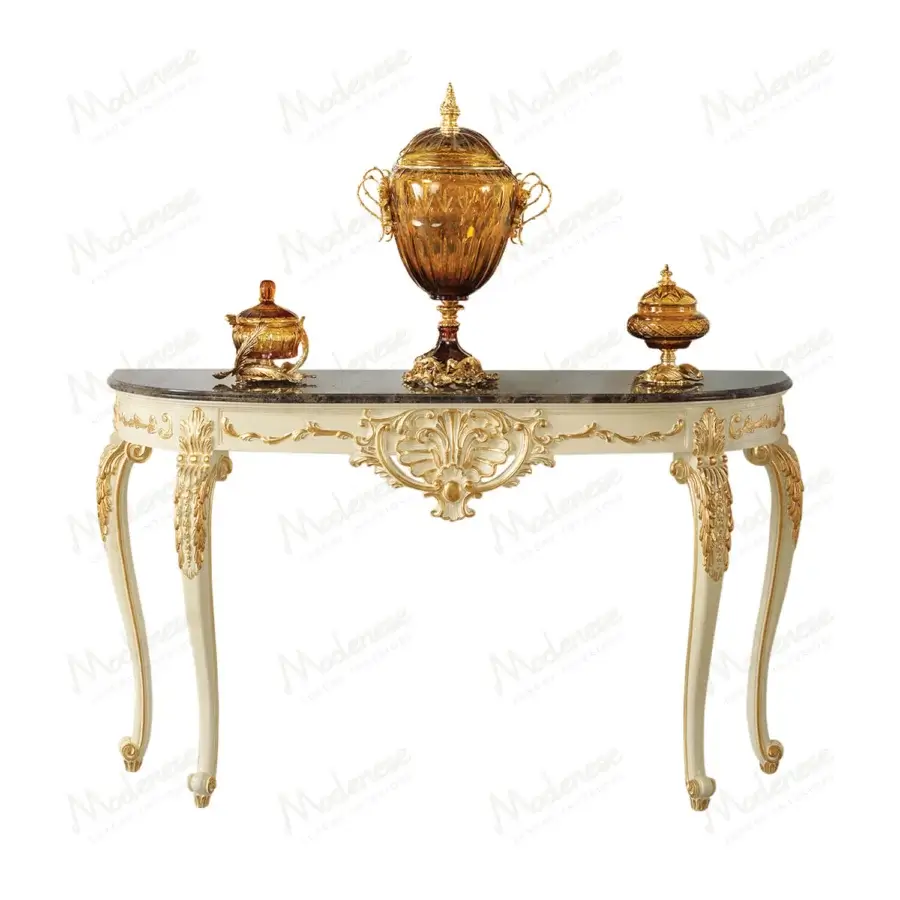 Lavish Modenese Midnight Moon console handcrafted in Italy with white finish and gold leaf detailing plus marble top
