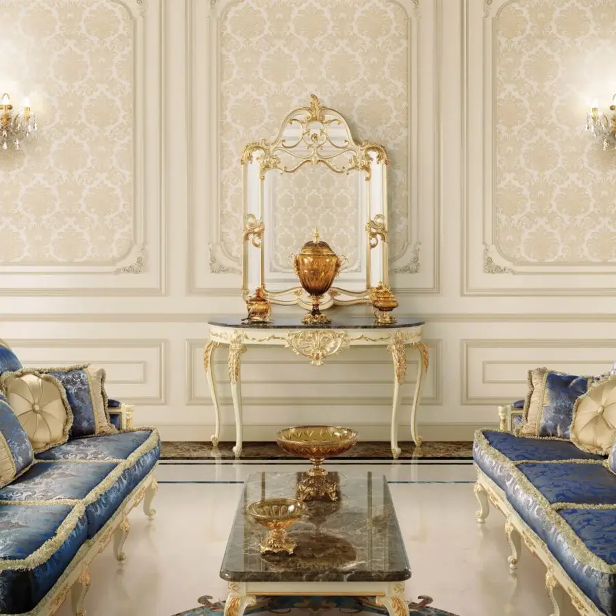 Superior Modenese Midnight Moon console with graceful curves, dark marble top and elegant gold leaf detailing in white satin finish