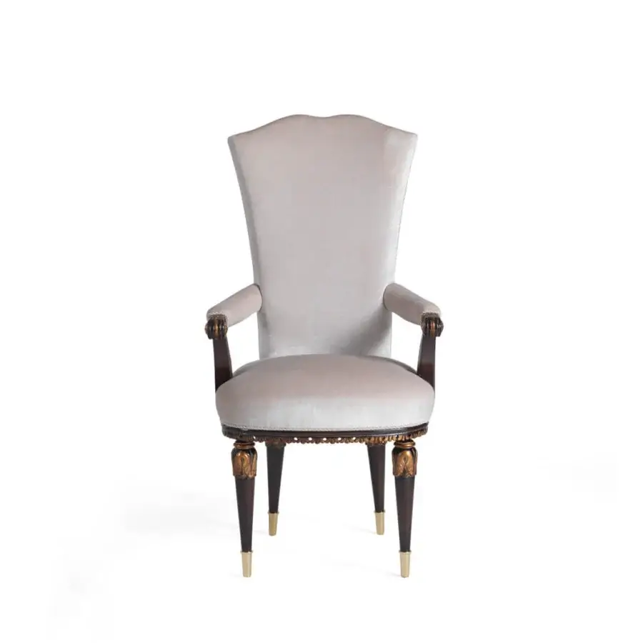 Exceptional Zanaboni P/4600 armchair with light grey-beige textile, sculpted wood frame and gilded hand-carvings with dark brown finish