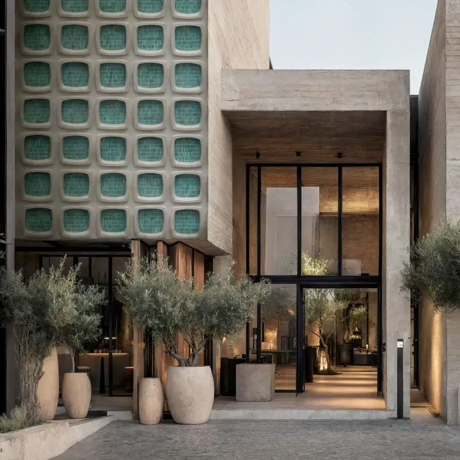 Exceptional Wall&Decò Namikidori Outdoor Wallpaper with balanced greenish-gray rectangular modules and protective fiberglass fabric finish
