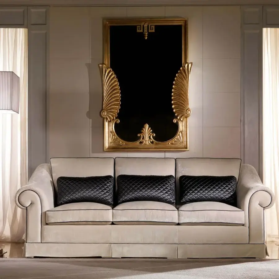 Distinguished Zanaboni Portofino sofa built in woven textile with dark diamond-quilted cushions and a refined off-white tone