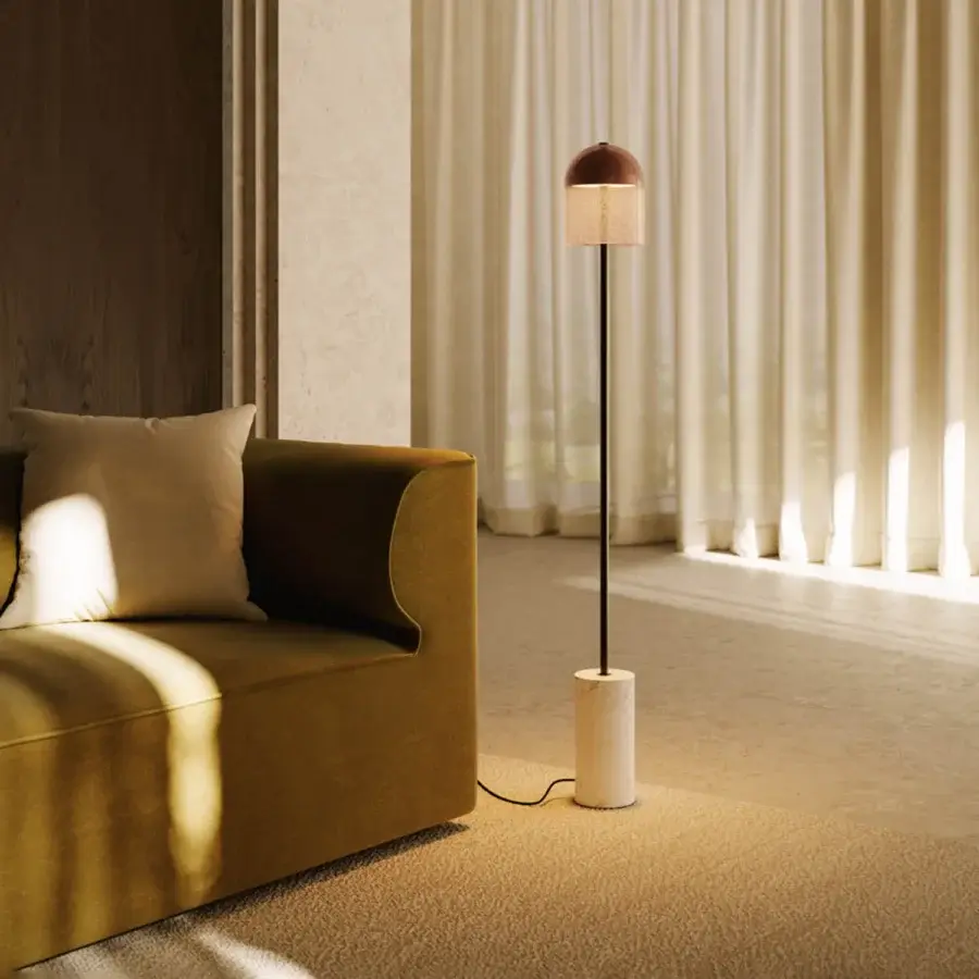 Elegant VENICEM Doma floor lamp with a stone base and Murano glass shade exhibiting a dark reddish-brown smooth cap