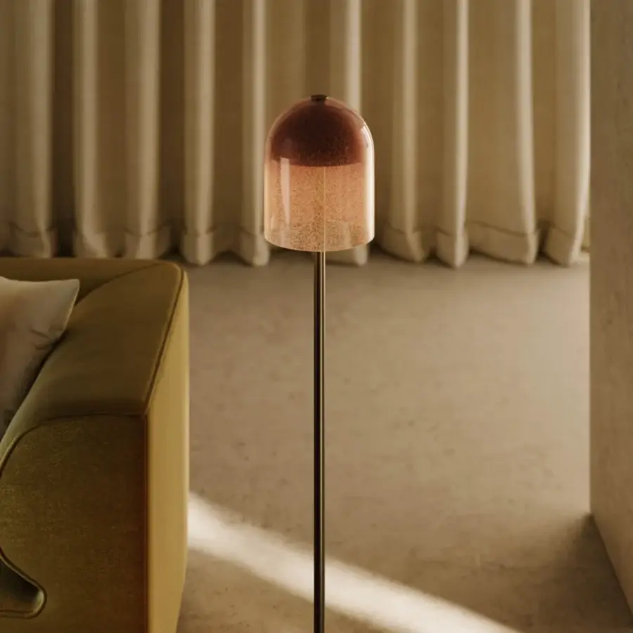 Distinguished VENICEM Doma floor lamp with reddish-brown to amber hand-blown Murano glass and blackened metal finish