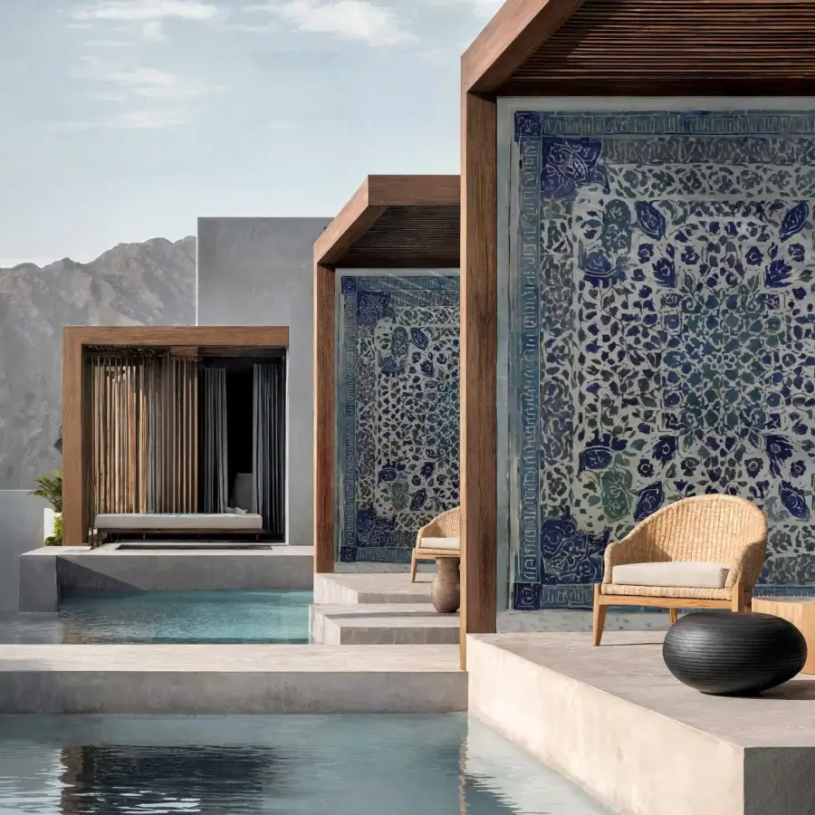 Elegant Wall&Decò Perseo Outdoor wallpaper with classic tile-inspired design in indigo blue and bright white fiberglass fabric with protective finish