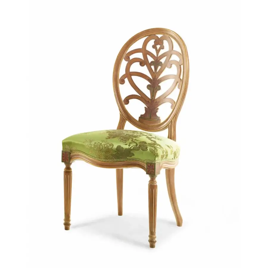 Distinguished Zanaboni S/700 chair with carved wooden structure and light green floral textile upholstery in golden-brown satin finish