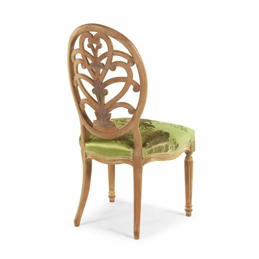 Exquisite Zanaboni S/700 chair with carved wood structure and vibrant green floral upholstered seat in satin finish