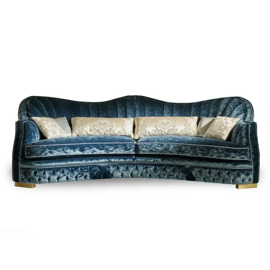 Exquisite Zanaboni Smeraldo sofa built in sumptuous deep teal velvet with gold decorative cushions and a lustrous metallic base
