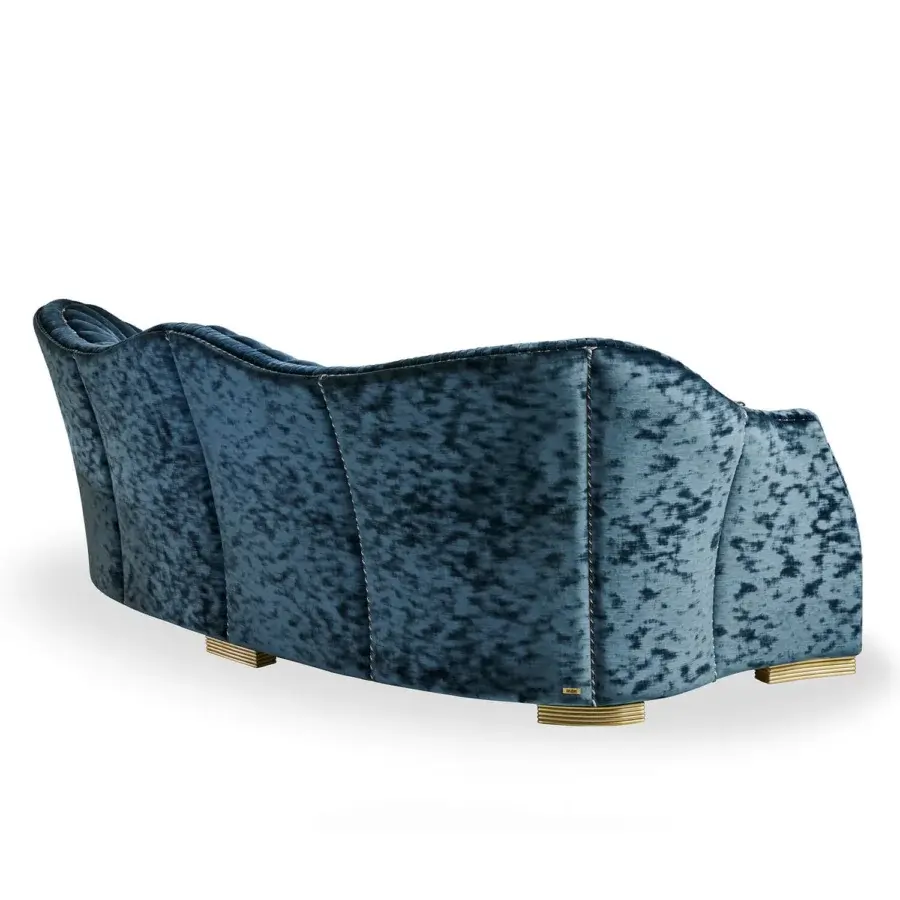 Distinguished Zanaboni Smeraldo sofa crafted in deep blue crushed velvet with refined cord detailing and gold-toned metal legs