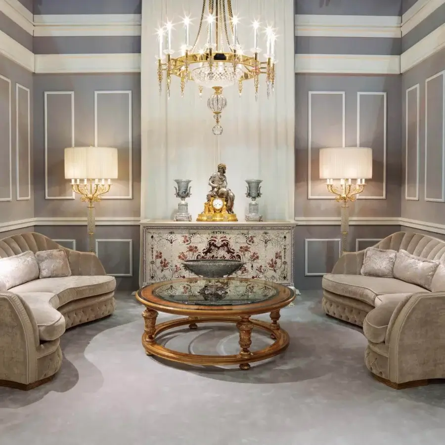 Distinguished Zanaboni Smeraldo sofa crafted in muted beige textile with deeply tufted cushioning and gold-toned trim