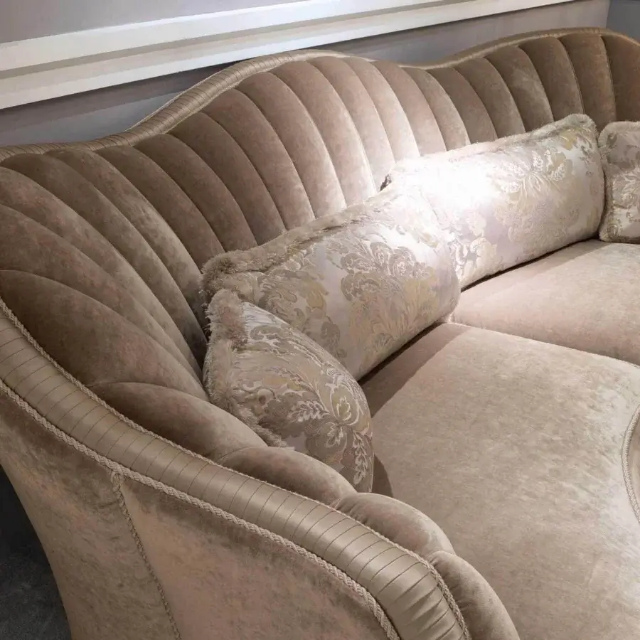 Superior Zanaboni Smeraldo sofa built in plush beige fabric with channeled detailing and refined rope trim