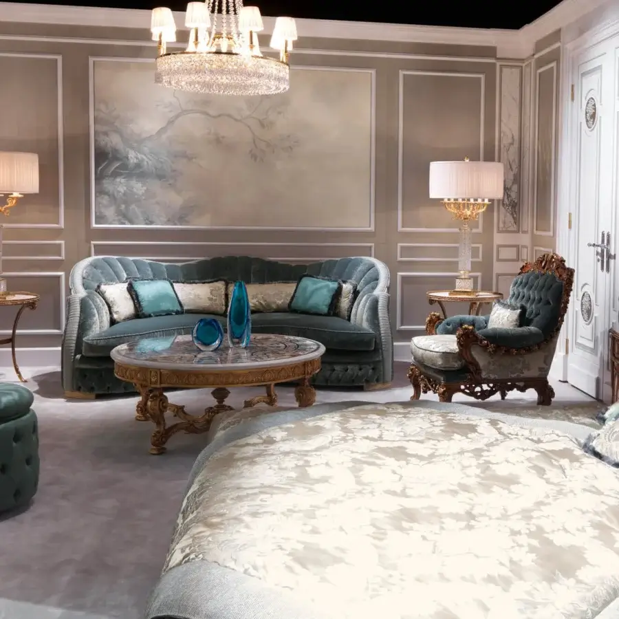 Exquisite Zanaboni Smeraldo sofa crafted in vibrant teal blue textile with turquoise and gold cushions and glossy carved hardwood frame