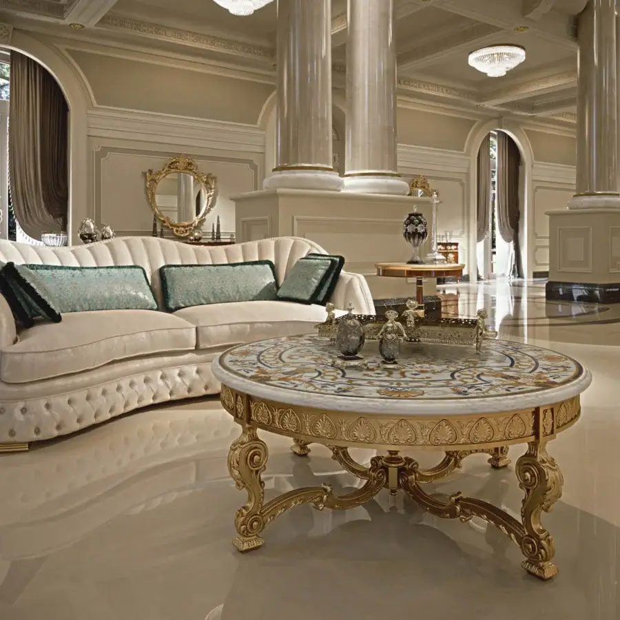Lavish Zanaboni Smeraldo sofa built in creamy off-white textile with refined tufting and ornate gold trim