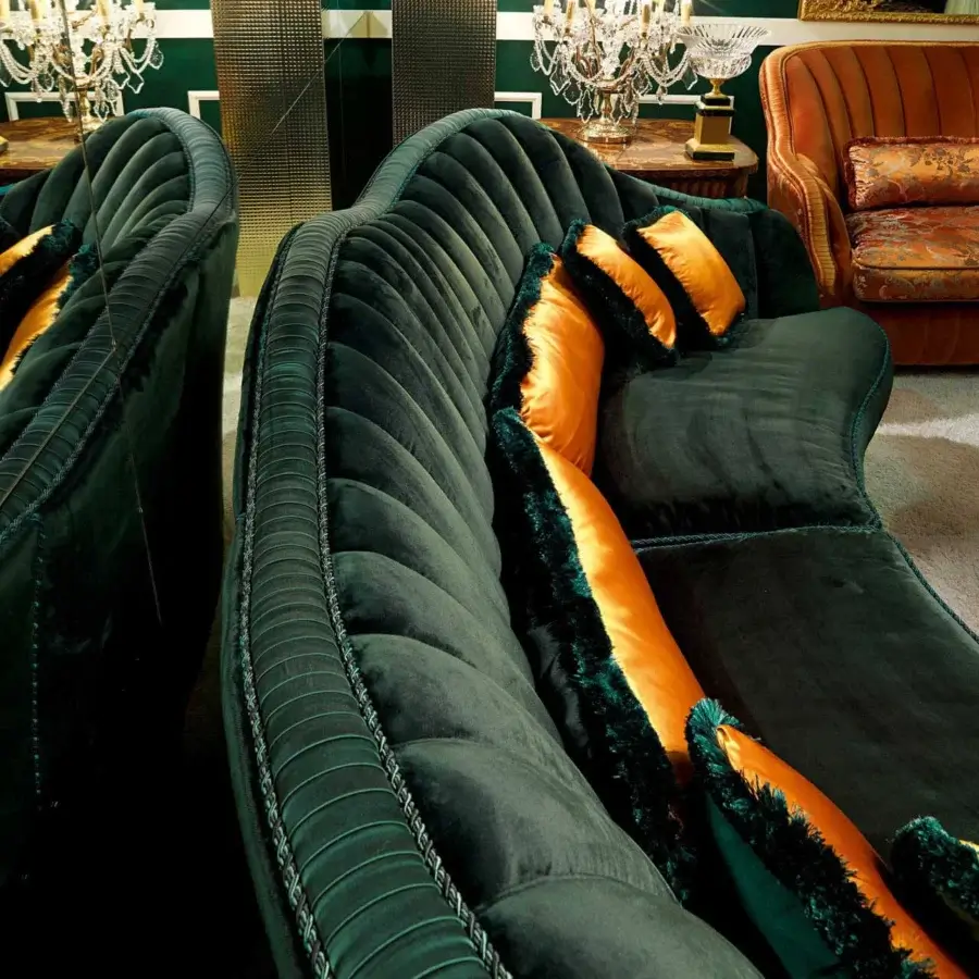 Exceptional Zanaboni Smeraldo sofa crafted in plush dark green velvet with golden-orange and lighter green trim