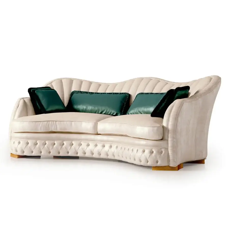 Elegant Zanaboni Smeraldo sofa built in textured off-white fabric with diamond tufting and dark green velvet cushions finished with fringe