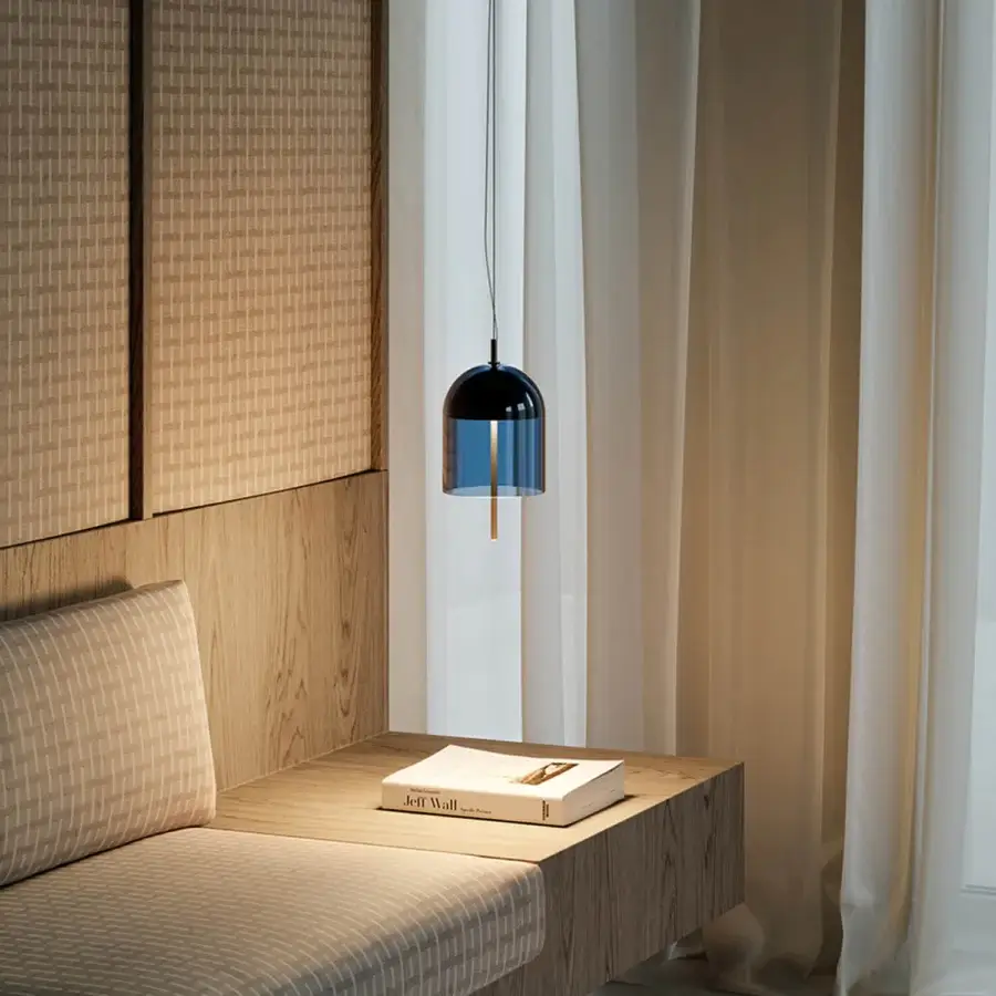 Captivating VENICEM Doma suspension lamp crafted in transparent blue-toned Murano glass with a glossy dark metal exterior