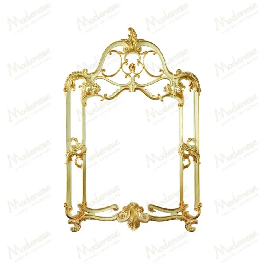 Superior Modenese Midnight Moon Shaped mirror crafted in wood with glossy golden finish and distinctive curved form