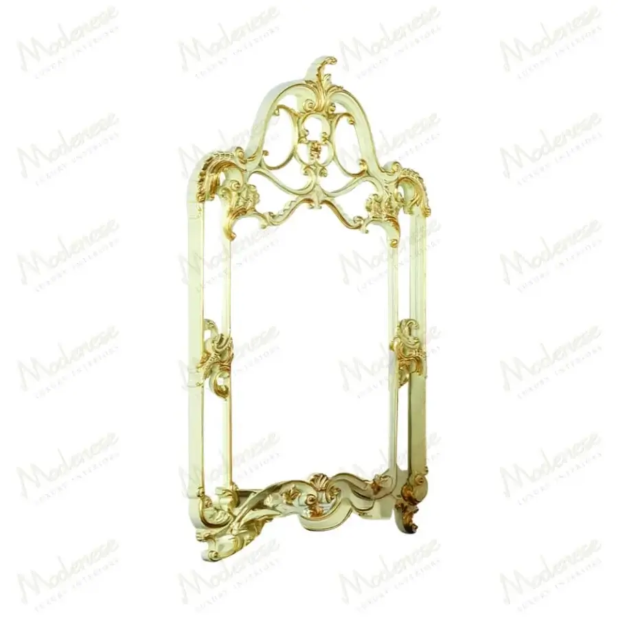 Distinguished Modenese Midnight Moon Shaped mirror crafted in wood with pale gold glossy finish and floral carvings