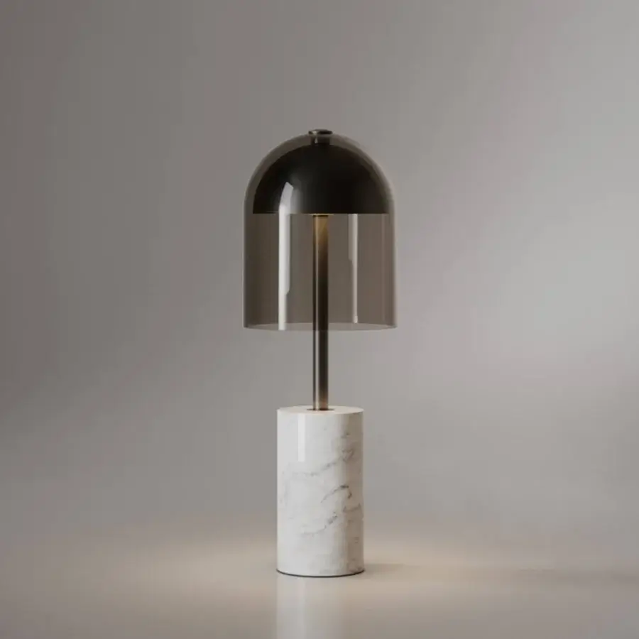 Exceptional VENICEM Doma lamp with white marble base and dark-toned metal, supporting a delicate Murano glass shade emitting adjustable warm downlight