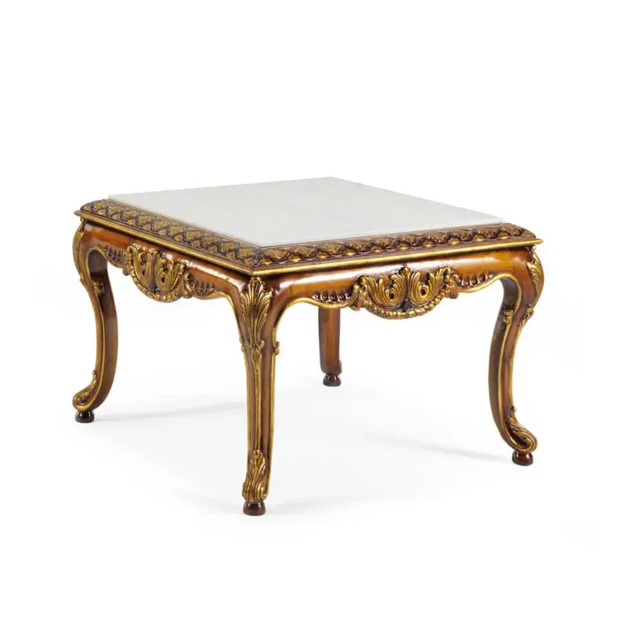 Distinguished Zanaboni T128/S side table crafted in solid wood with Gold Walnut finish and light-colored stone tabletop exhibiting gold detailing