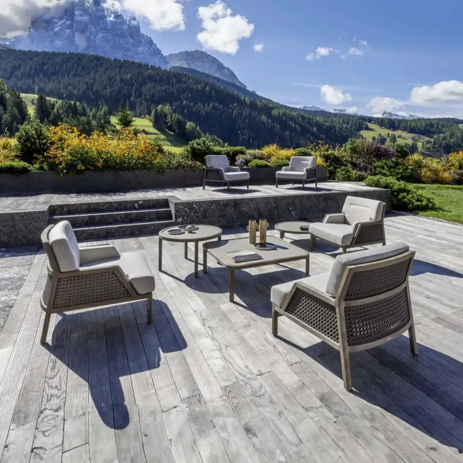 Sophisticated Ethimo Grand Life lounge chair crafted in Italy with woven synthetic material and matte metal frame