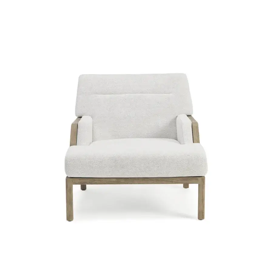 Superior Ethimo Grand Life lounge chair in off-white woven textile with a warm wood structure crafted in Italy