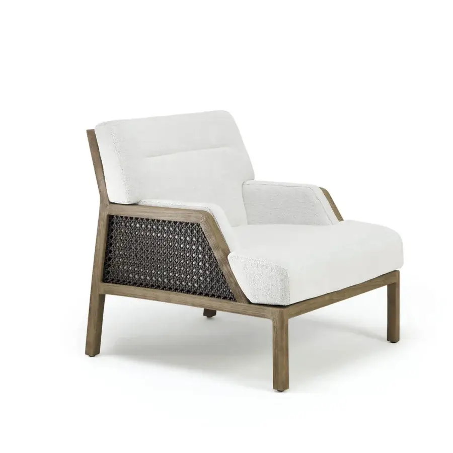 Distinguished Ethimo Grand Life lounge chair with warm brown wood and dark gray woven detail in textured light beige textile