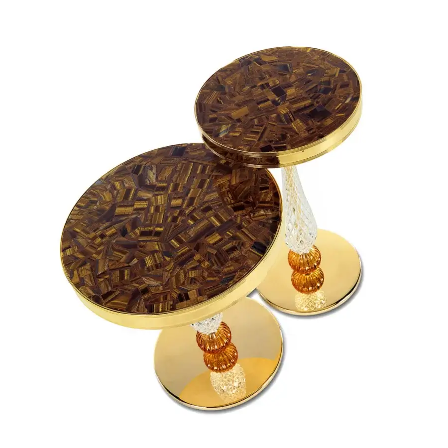 Distinguished Zanaboni T130 side table with tiger’s eye stone tabletop and radiant 24K gold finished crystal base