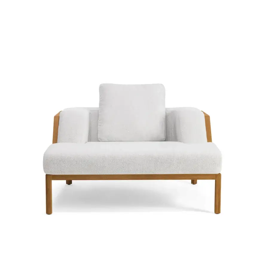 Refined Ethimo Grand Life lounge chair crafted with woven textile and medium-tone brown wooden frame for inviting outdoor relaxation