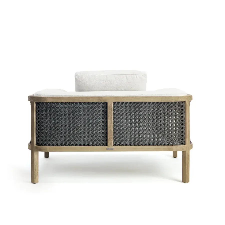 Exceptional Ethimo Grand Life lounge chair crafted with dark gray woven fiber and light natural wood finish
