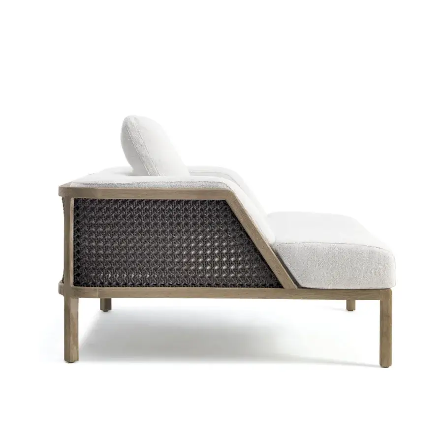 Distinguished Ethimo Grand Life lounge chair crafted with a warm wooden frame and dark gray woven synthetic material with light beige upholstery