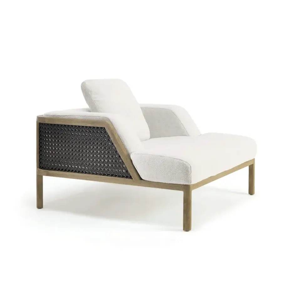 Superior Ethimo Grand Life lounge chair with warm wooden frame and light beige textured upholstery with dark gray woven side panels