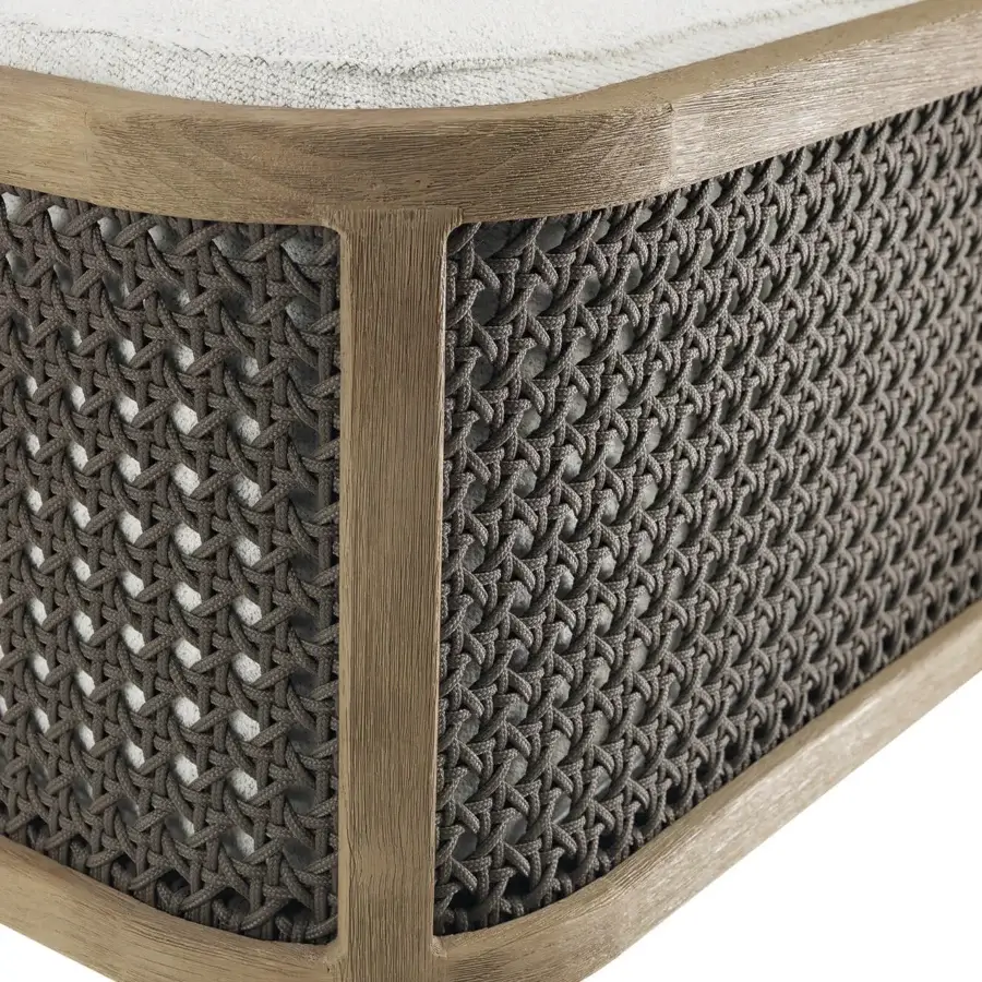 Refined Ethimo Grand Life lounge chair crafted with dark gray woven textile and warm satin-finish wooden frame for inviting outdoor seating