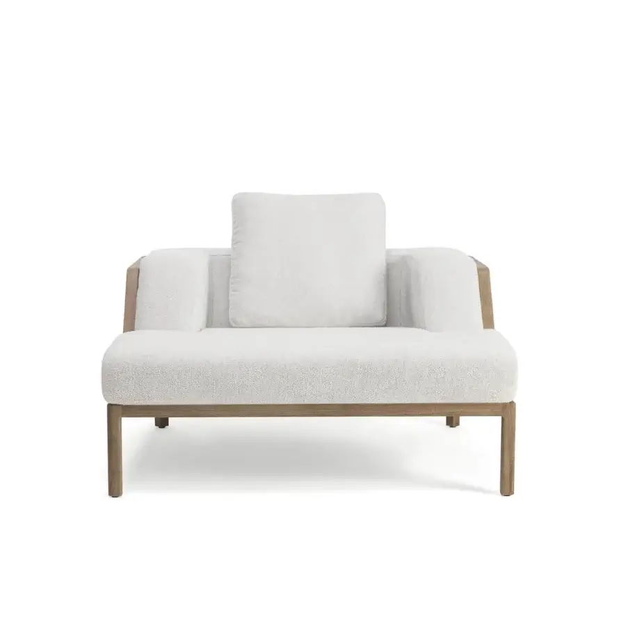Exceptional Ethimo Grand Life lounge chair with woven textile inspired by Vienna straw and warm wooden frame