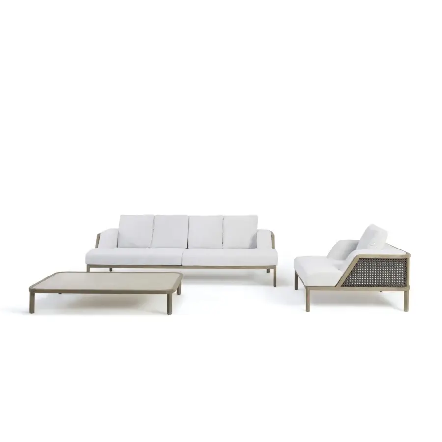 Exclusive Ethimo Grand Life lounge chair with dark gray metal frame and light gray woven textile inspired by Vienna straw