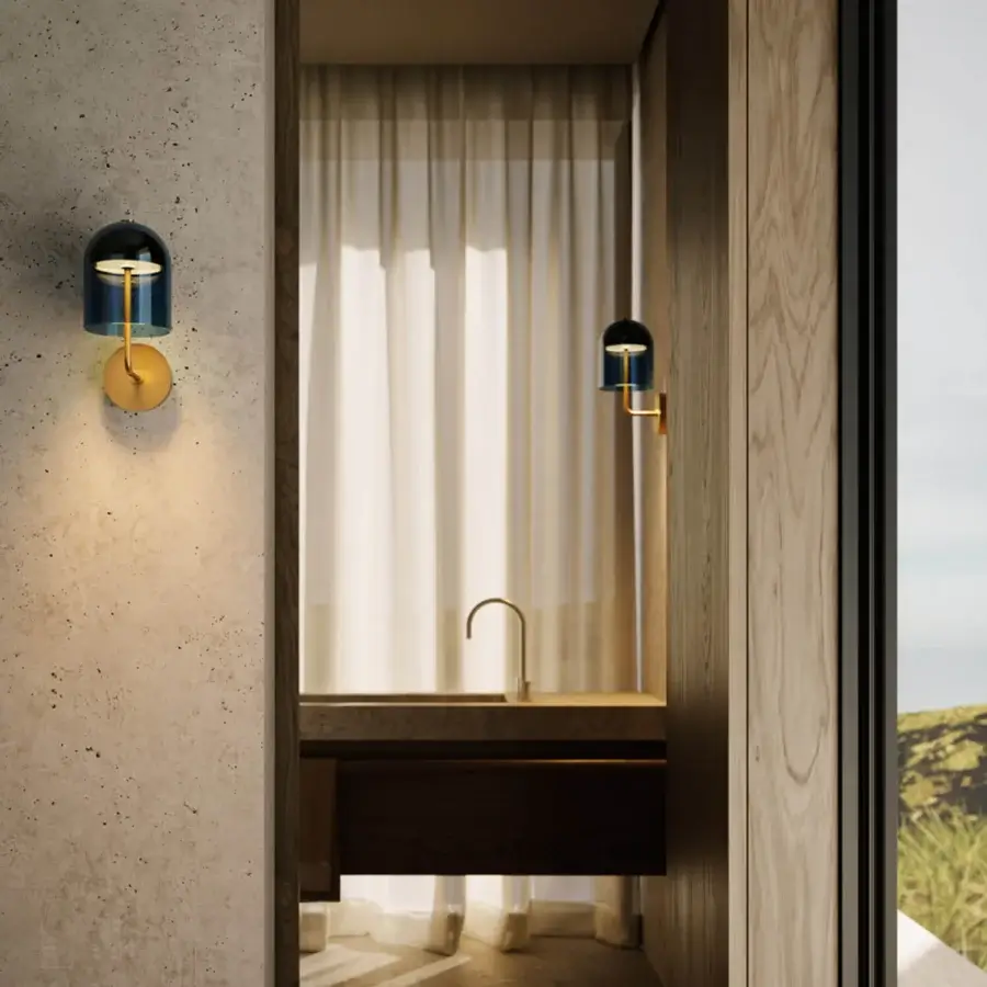 Exclusive VENICEM Doma wall lamp in dark blue matte metal with lustrous gold-tone accents and Murano glass bell