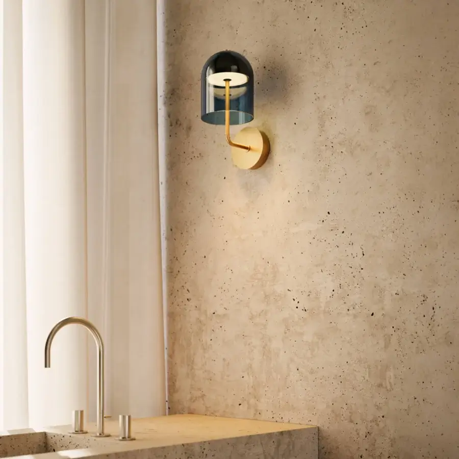 Superior VENICEM Doma wall lamp with Murano glass bell and dark teal metal arm offering indirect downlight