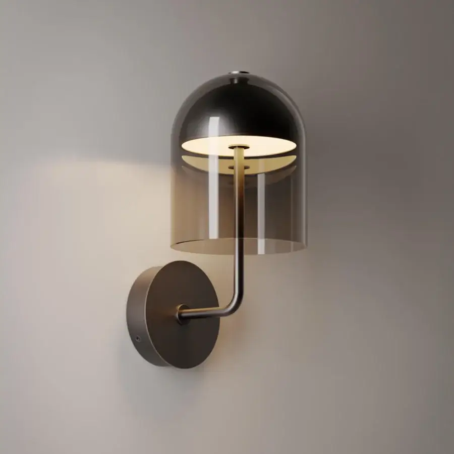 Elegant VENICEM Doma wall lamp with Murano glass bell and metal arm in a dark matte finish generating warm downlight