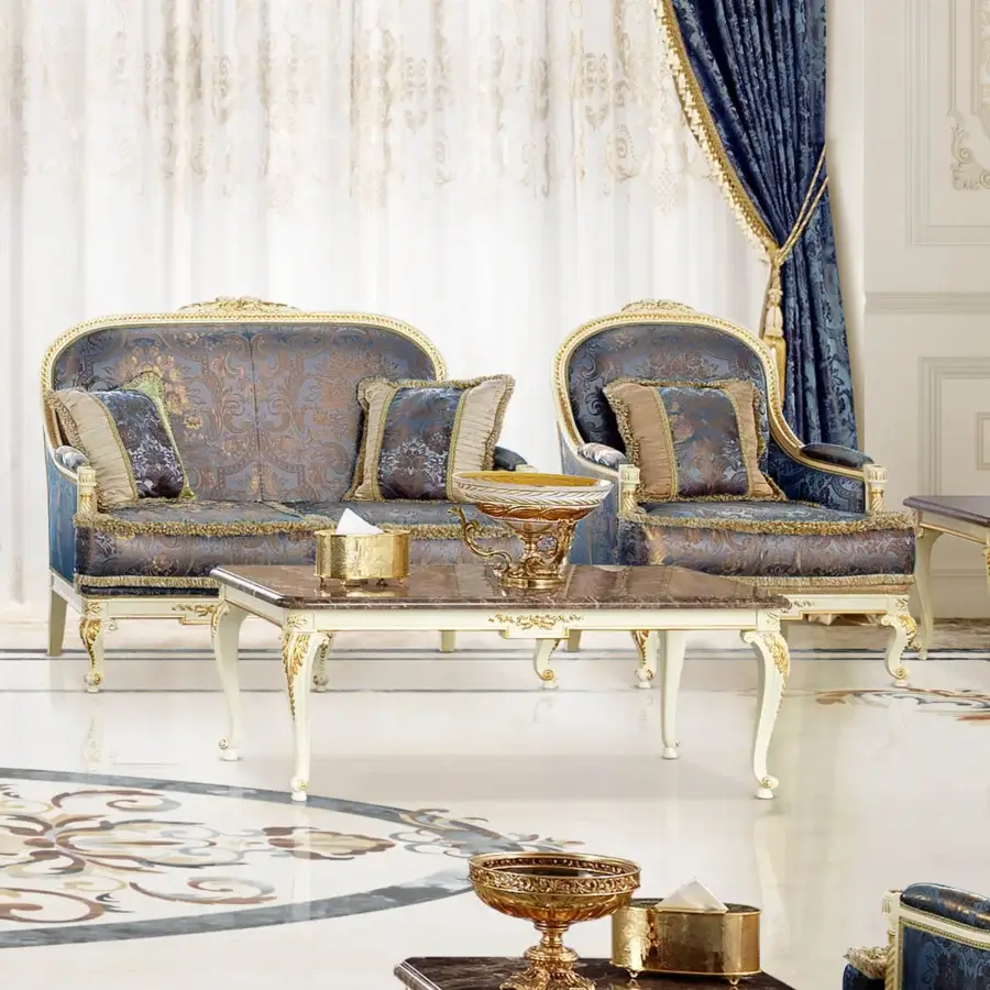 Lavish Modenese Midnight Moon coffee table with marble and gilded, intricately carved creamy legs