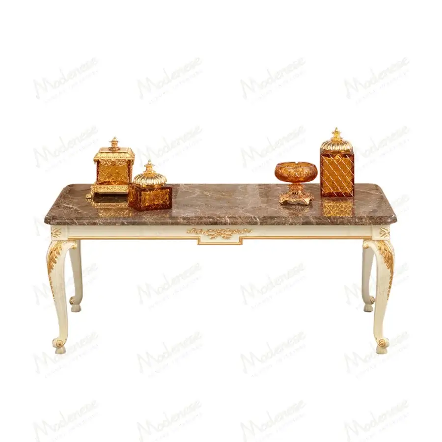 Distinguished Modenese Midnight Moon coffee table crafted in marble with cream legs and gilded accents