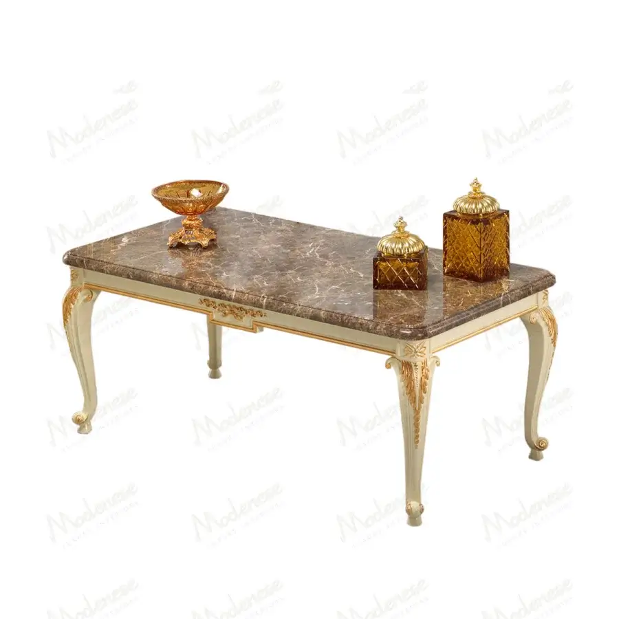 Lavish Modenese Midnight Moon coffee table built in marble with pale green wood and opulent gold accents