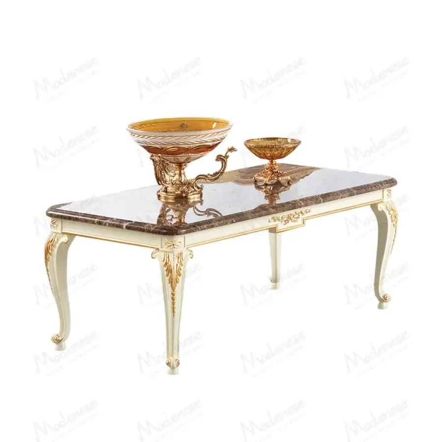 Distinguished Modenese Midnight Moon coffee table crafted in dark brown marble with intricately carved, painted white legs and gold accents