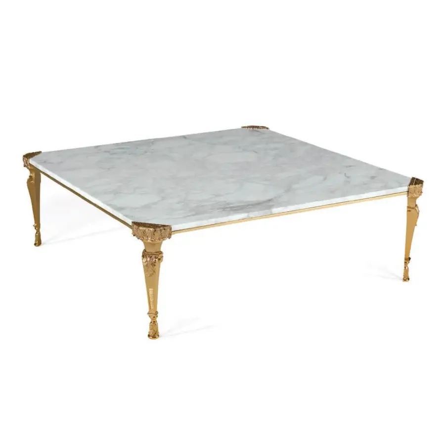 Elegant Zanaboni T181/C coffee table with polished white and grey veined marble tabletop and refined golden brass base