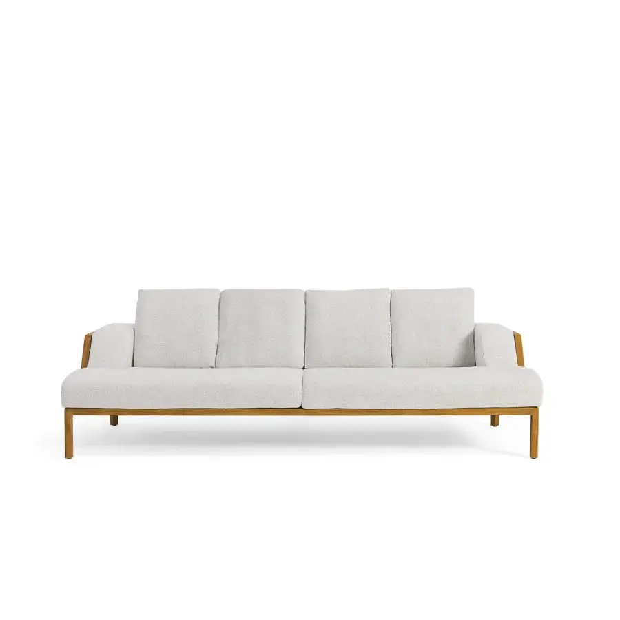 Distinguished Ethimo Grand Life sofa crafted in Italy with textile upholstery and meticulous weave in a light neutral gray finish