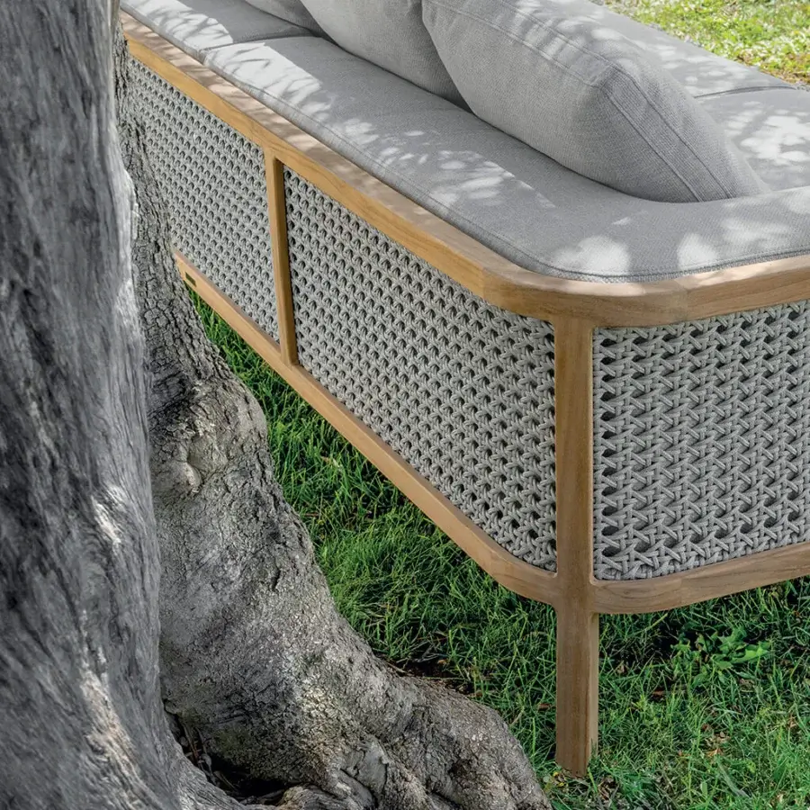 Superior Ethimo Grand Life sofa crafted in Italy with noble wood and meticulous woven detail in a light gray palette