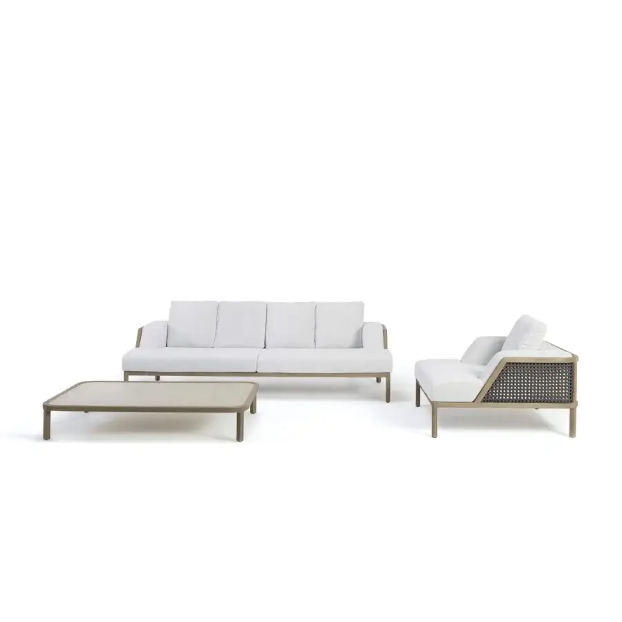 Lavish Ethimo Grand Life sofa crafted in Italy with warm wood and meticulously woven synthetic back in light beige cushions