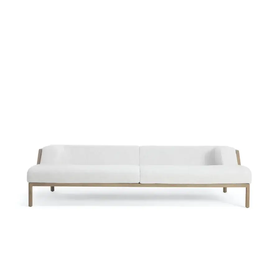 Superior Ethimo Grand Life sofa crafted in Italy with woven textile upholstery and satin warm wood frame