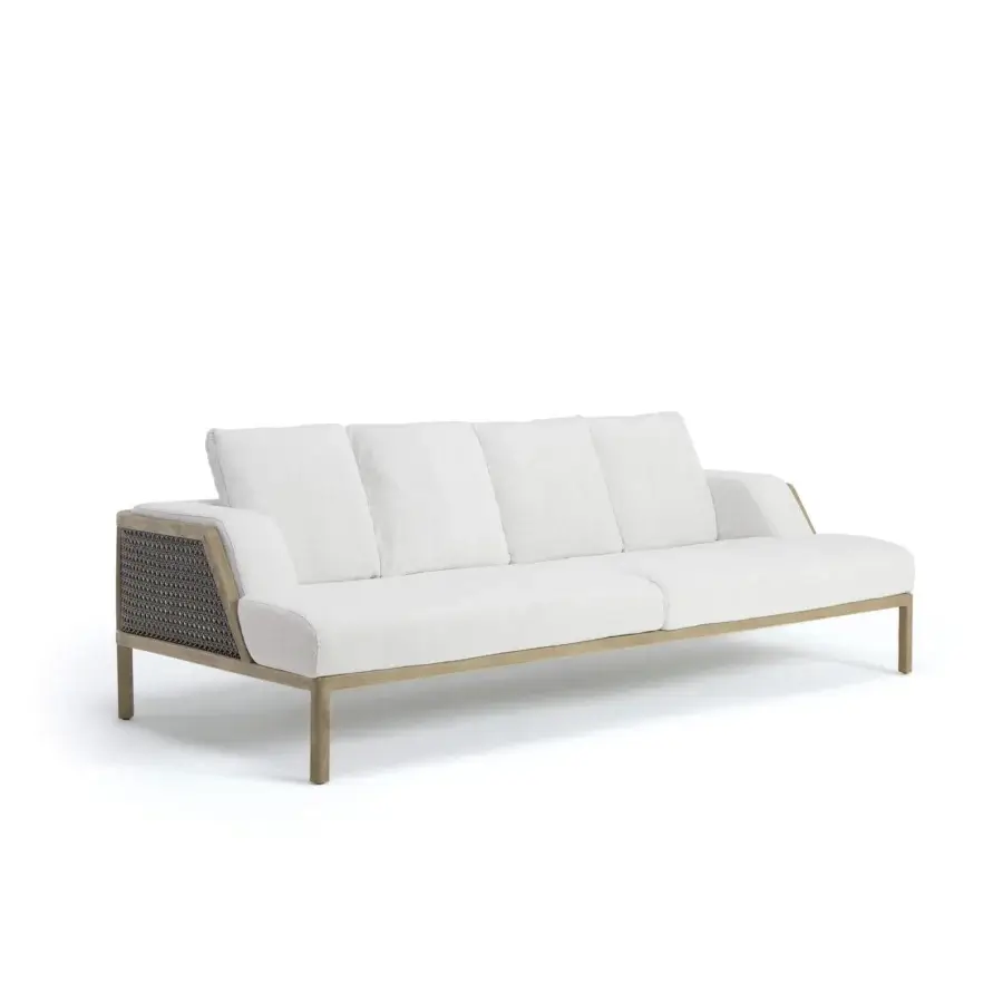 Distinguished Ethimo Grand Life sofa crafted in Italy with warm wood and light satin finish, showcasing off-white textured cushions with woven side panels