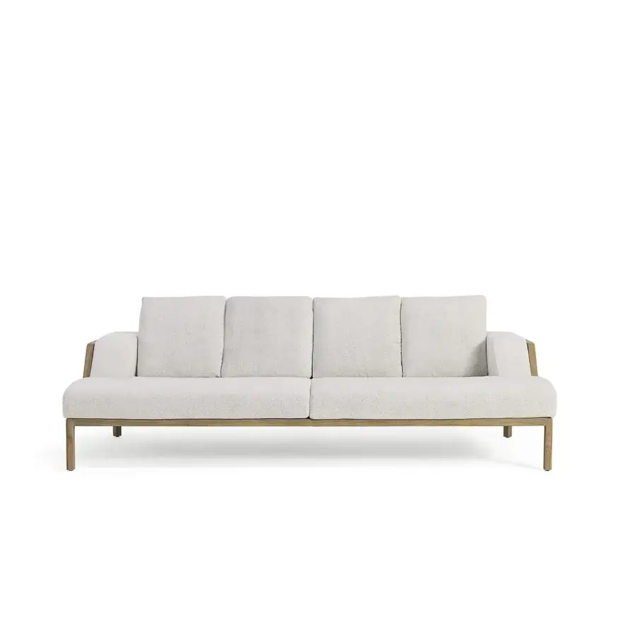 Exceptional Ethimo Grand Life sofa crafted in Italy with woven textile upholstery and a light neutral gray wood frame