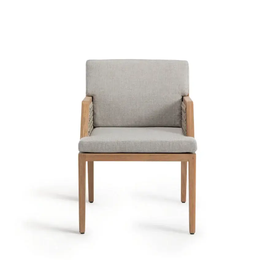 Superior Ethimo Grand Life armchair in neutral gray with natural wood and refined woven textile construction